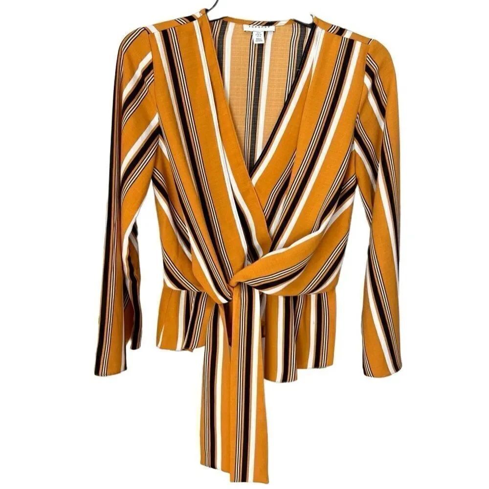 Topshop Tiffany Yellow Stripe front knot bell sleeve blouse size 4